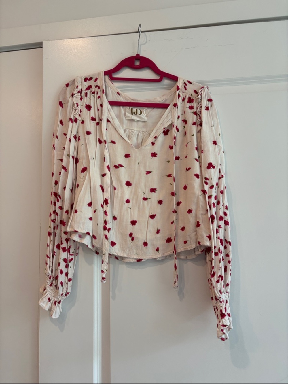 Anthro TJD sz med Ivory Long-Sleeve V-Neck Blouse with Red Floral Print